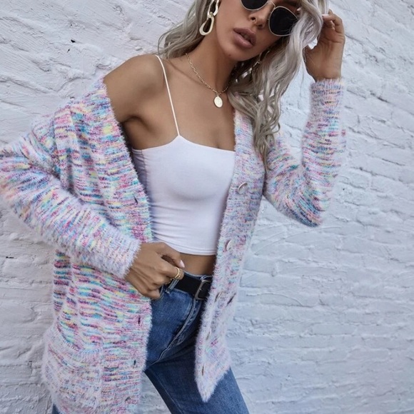 Button Front Patch Pocket Fuzzy Knit Cardigan - Picture 2 of 9